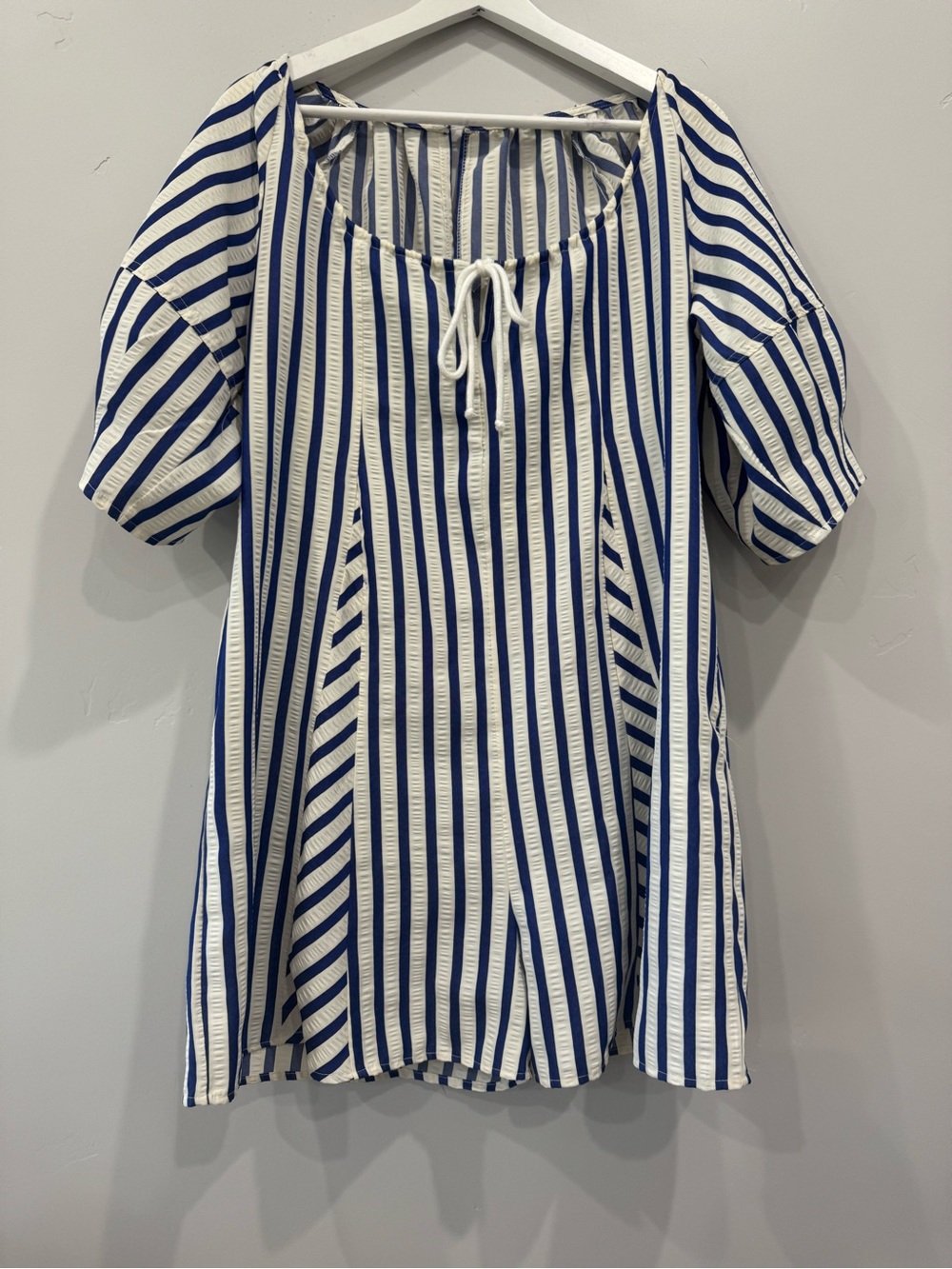 Striped Blue and White Tie-Neck Romper Free People Bop Around Romper Dupe R8